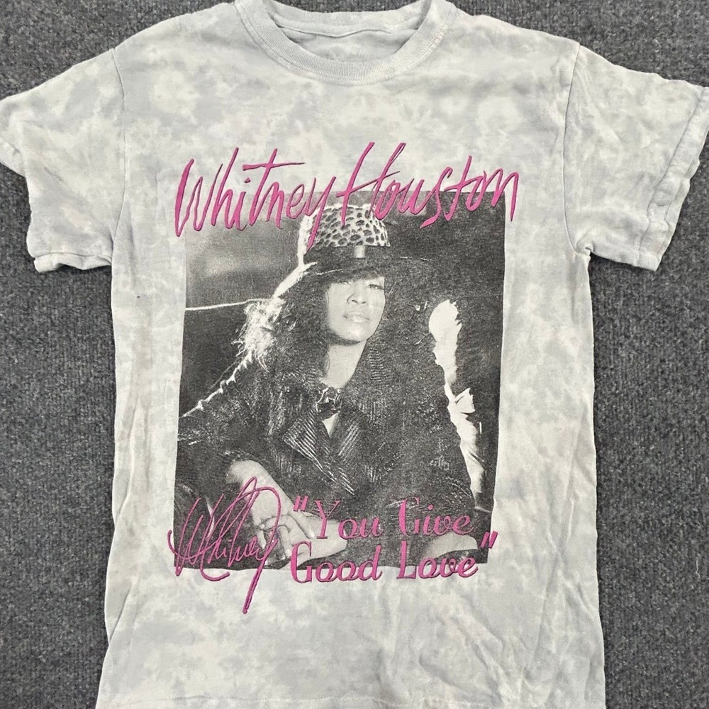 Whitney Houston Graphic Tee Womens Size S Grey Tie Dye You Give Good Love Shirt